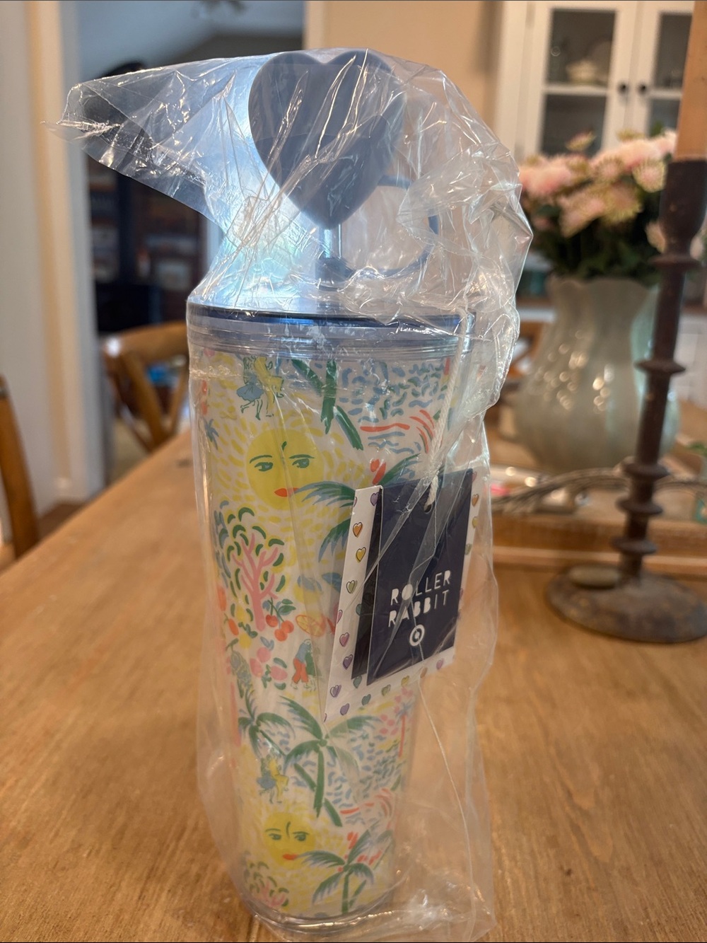 Roller Rabbit Yellow & Blue Tropical Floral Travel Tumbler